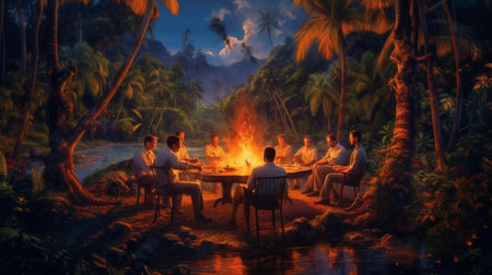 A painting of a fire in a tropical area with a group of men sitting around a table. Created by Generative AI Toolsの素材