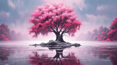 A painting of a tree with pink leaves and the reflection of the water. Created by Generative AI Toolsの素材