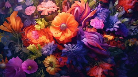 A painting of flowers that are purple and yellow. Created by Generative AI Toolsの素材