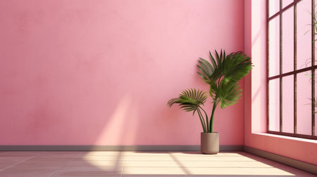 A pink wall in an empty room with a window and a plant in the corner. Created by Generative AI Toolsの素材