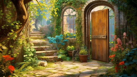 A painting of a garden with a door open to a garden. Created by Generative AI Toolsの素材