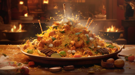 A plate of biryani with a bunch of food on it. Created by Generative AI Toolsの素材