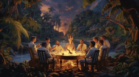 A painting of a fire in a tropical area with a group of men sitting around a table. Created by Generative AI Toolsの素材