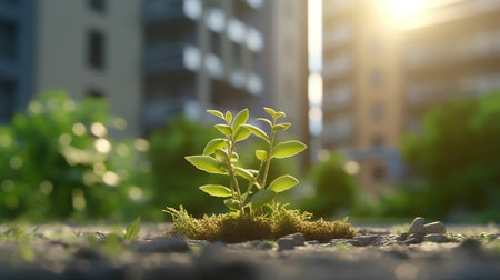 A plant with green leaves is growing in the background of a building. Created by Generative AI Toolsの素材