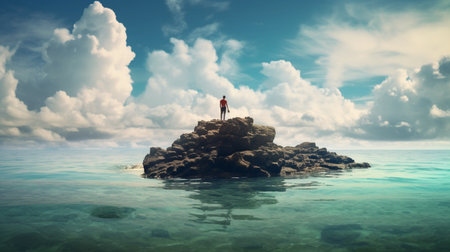 A man stands on a rock in the ocean looking up at the sky. Created by Generative AI Toolsの素材
