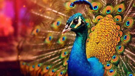 A peacock with a colorful tail is shown with a brown background. Created by Generative AI Toolsの素材