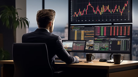A businessman looking at the monitor that showing chart and market share. Created by Generative AI Toolsの素材