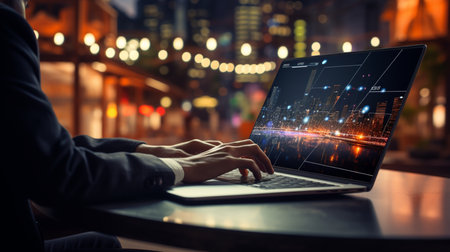 A businessman typing on a laptop with a picture of a network. Created by Generative AI Toolsの素材