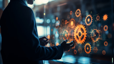 Businessman touches the gear icons and operating system management. Created by Generative AI Toolsの素材