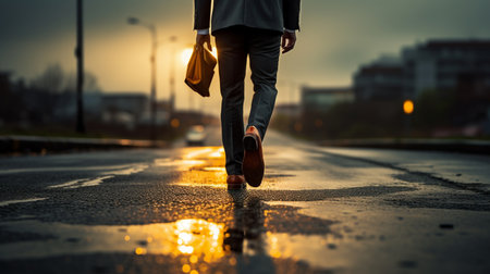 A businessman walking on the road at sunset. Created by Generative AI Toolsの素材