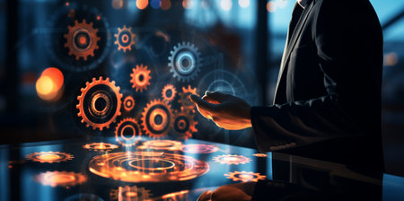 Businessman touches the gear icons and operating system management. Created by Generative AI Toolsの素材