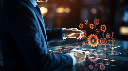 Businessman touches the gear icons and operating system management. Created by Generative AI Toolsの素材
