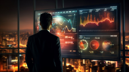Businessman analyzing data standing in front of a big screen. Created by Generative AI Toolsの素材