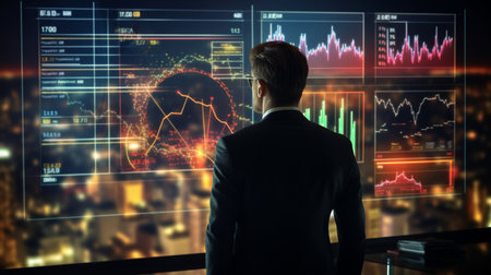 Businessman analyzing data standing in front of a big screen. Created by Generative AI Toolsの素材