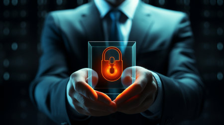 Businessman protecting data, personal information, cyber security concept. Created by Generative AI Toolsの素材