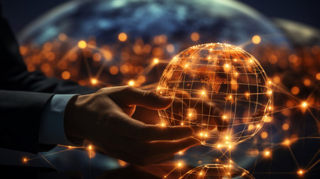 Businessman touching global networking structure and digital data exchanges. Created by Generative AI Toolsの素材