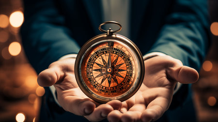 Businessman holds a metal compass in his hands. Created by Generative AI Toolsの素材