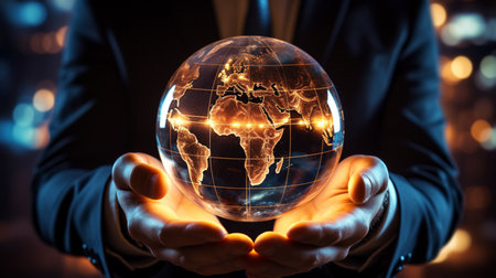 Businessman hold global business globe with network connected to digital marketing strategy. Created by Generative AI Toolsの素材