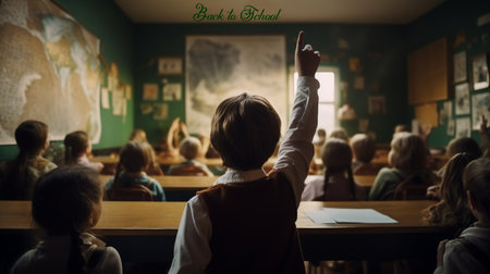 A group of children in a classroom with one of them raising hands. Created by Generative AI Toolsの素材