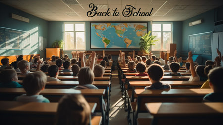 A classroom full of students with their hands up in the air. Created by Generative AI Toolsの素材