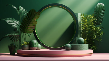 Pink modern podium platform for product display and presentation advertising with decorations, 3d rendering. Created by Generative AI Toolsの素材