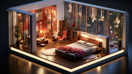 Isometric view bed room modern luxury style open inside interior design, 3d rendering. Created by Generative AI Toolsの素材