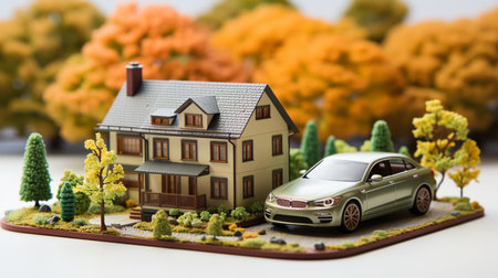 Miniature house and car isolated on white background. Created by Generative AI Toolsの素材