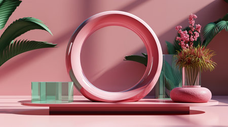 Pink modern podium platform for product display and presentation advertising with decorations, 3d rendering. Created by Generative AI Toolsの素材