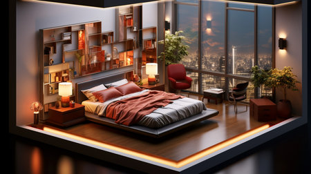 Isometric view bed room modern luxury style open inside interior design, 3d rendering. Created by Generative AI Toolsの素材