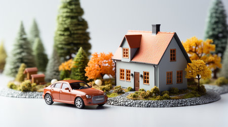 Miniature house and car isolated on white background. Created by Generative AI Toolsの素材