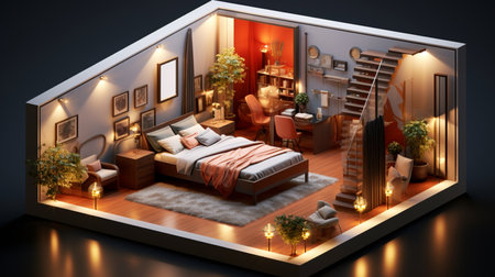 Isometric view bed room modern luxury style open inside interior design, 3d rendering. Created by Generative AI Toolsの素材