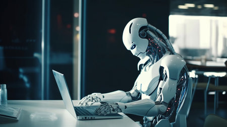Robot humanoid use laptop and sit at table for big data analytic. Created by Generative AI Toolsの素材