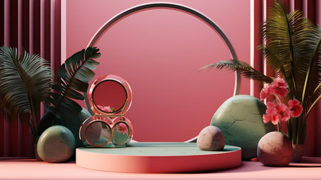 Pink modern podium platform for product display and presentation advertising with decorations, 3d rendering. Created by Generative AI Toolsの素材