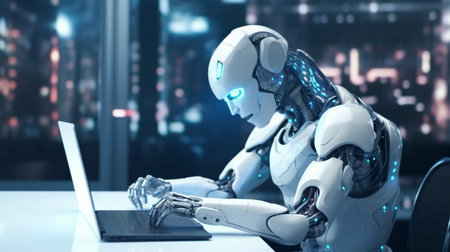 Robot humanoid use laptop and sit at table for big data analytic. Created by Generative AI Toolsの素材