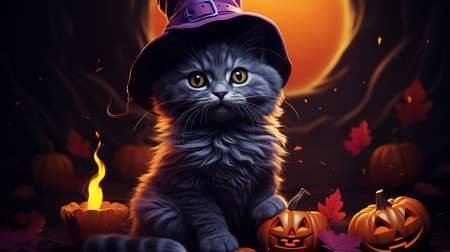Portrait of a Halloween cat wearing a witch costume. Created by Generative AI Toolsの素材