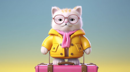A cat with glasses and a yellow jacket is holding a pink suitcase 3D illustration. Created by Generative AI Toolsの素材