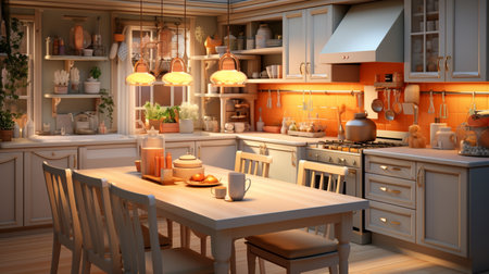 A kitchen with dining room isometric interior design 3d rendering. Created by Generative AI Toolsの素材