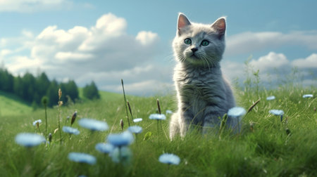 A cat with blue eyes sits in a field with a green landscape in the background 3D illustration. Created by Generative AI Toolsの素材