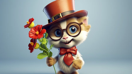 A cartoon cat with a hat and glasses holding a flower 3D illustration. Created by Generative AI Toolsの素材