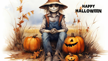 Scarecrow sitting with Halloween pumpkins. Created by Generative AI Toolsの素材