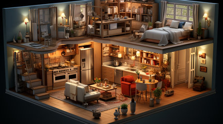 A kitchen with dining room isometric interior design 3d rendering. Created by Generative AI Toolsの素材