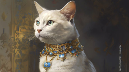 A painting of a cat with a gold collar and a gold necklace 3D illustration. Created by Generative AI Toolsの素材