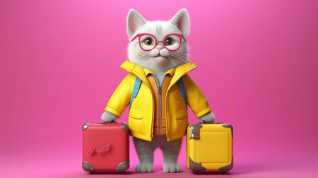 A cat with glasses and a yellow jacket is holding a pink suitcase 3D illustration. Created by Generative AI Toolsの素材