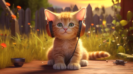 Cute pet cat listening to music with headphones 3D illustration. Created by Generative AI Toolsの素材