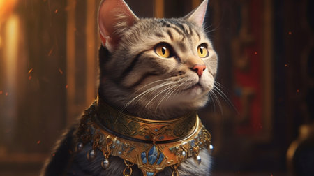 A painting of a cat with a gold collar and a gold necklace 3D illustration. Created by Generative AI Toolsの素材