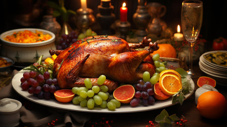 Thanksgiving holiday dinner table decorated with a roasted turkey, fruits and a glass of wine. Created by Generative AI Toolsの素材