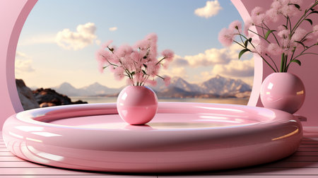 3d render cute podium with pink color background. Created by Generative AI Toolsの素材
