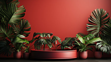 3d illustration mockup empty red podium stage monstera tropic plant abstract background. Created by Generative AI Toolsの素材