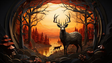 A paper cut out of a deer with a forest in the background. Created by Generative AI Toolsの素材