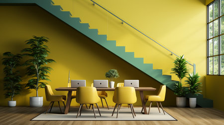 Business meeting and yellow working room with stair. Created by Generative AI Toolsの素材